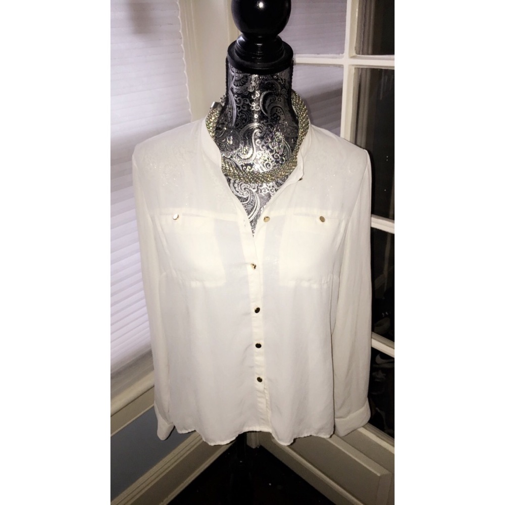 Long Sleeve Beige Blouse Gold Accent Buttons